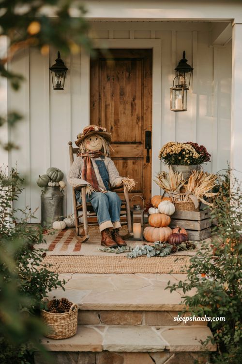Fall front porch scarecrow decor ideas with cozy farmhouse harvest styling