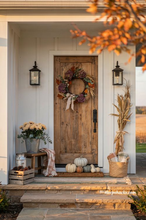 Fall front porch wreath ideas with deep purple florals and cozy farmhouse style