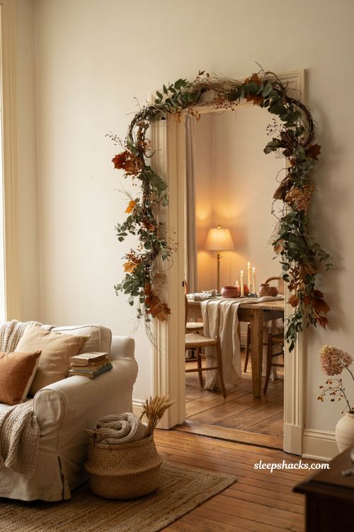 Fall garland doorway ideas with dried leaves and cozy seasonal home styling