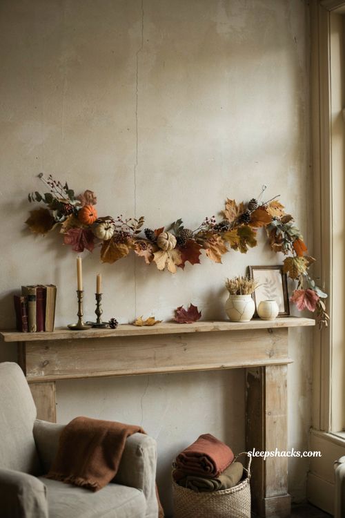 Fall garland ideas with leaves pinecones and cozy mantel decor