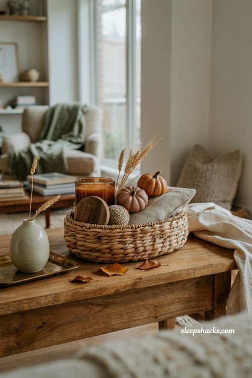 Fall home decor boo basket ideas with candle pillow cover and autumn decor gifts