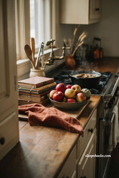 Fall kitchen corner with apples gourds cookbooks cinnamon cloves and cozy seasonal decor