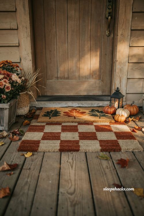 Fall layered doormat ideas with buffalo check rug pumpkins and cozy porch decor