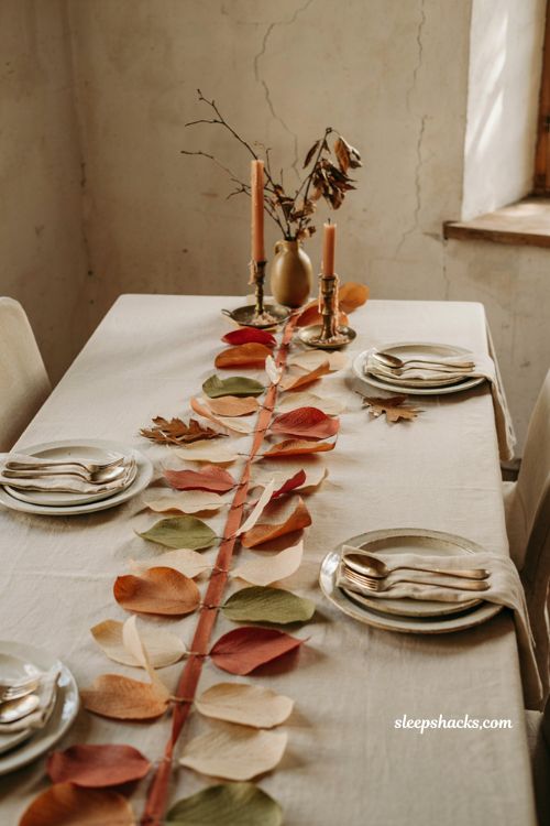 Fall leaf paper table runner with curled handmade leaves