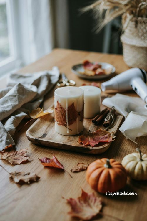 Fall leaf wax transfer candle with pressed autumn leaves and DIY pillar candle decor
