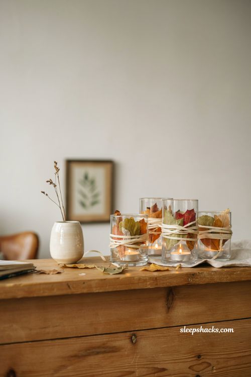 Fall leaf wrapped candle holder with twine and pressed leaves
