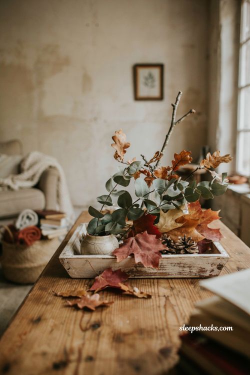 Fall leaves decor with eucalyptus oak leaves and branches in a tray