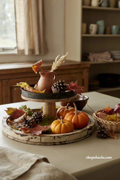 Fall leaves decor with tiered tray pumpkins and pinecones