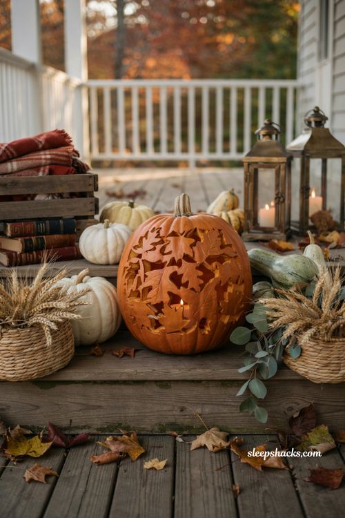 Fall leaves pattern pumpkin carving idea for elegant autumn porch decor