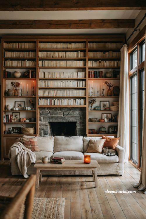 Fall living room bookshelf with books turned around for neutral cozy decor