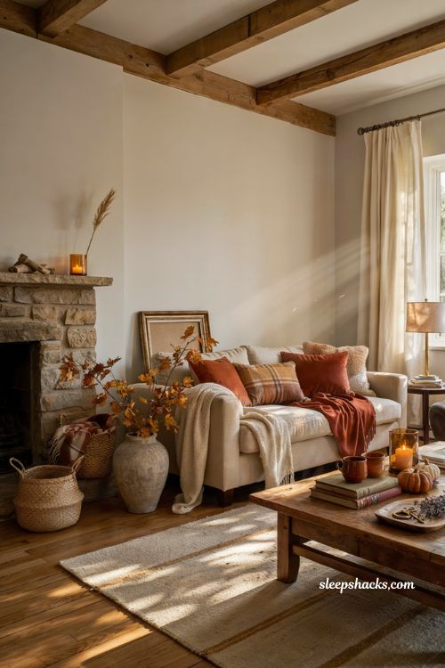 Fall living room decor ideas with warm colors and cozy layered autumn textures