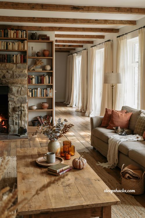 Fall living room decor with cozy layered textures vintage accents and warm autumn light