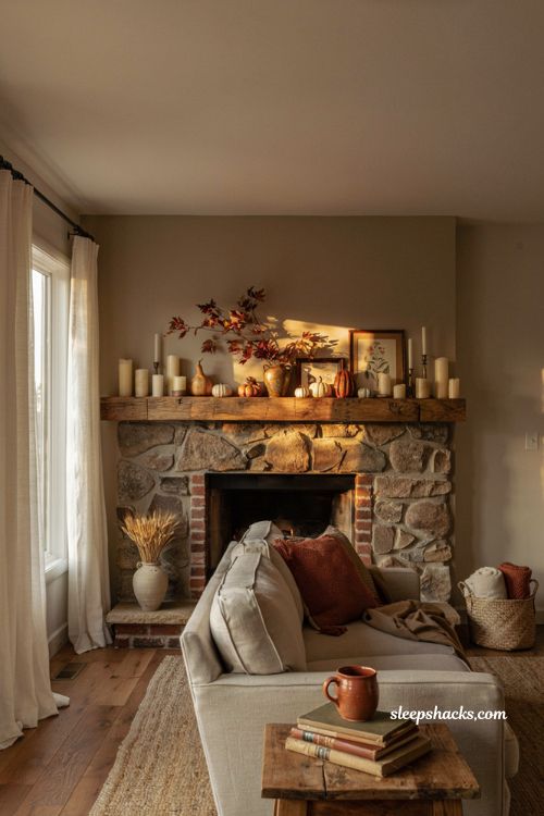 Fall living room focal point ideas with cozy fireplace mantel decor and warm autumn colors