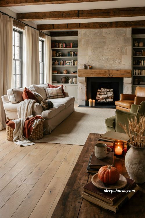 Fall living room furniture arranged around fireplace for a cozy gathering space