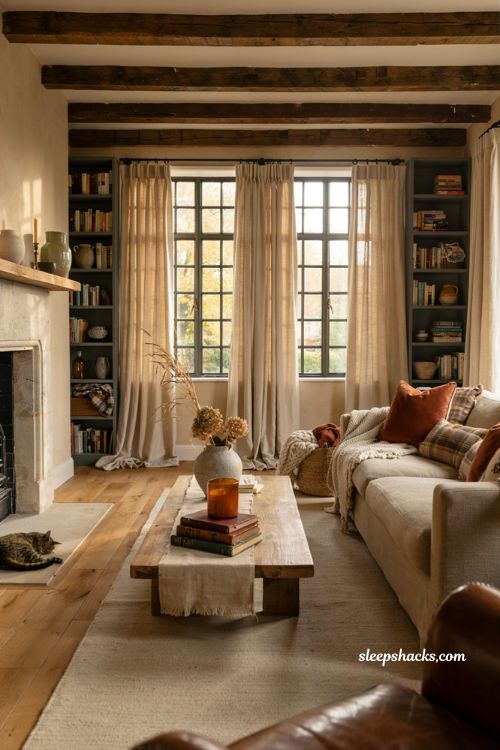 Fall living room with linen tablecloth curtains and cozy farmhouse decor