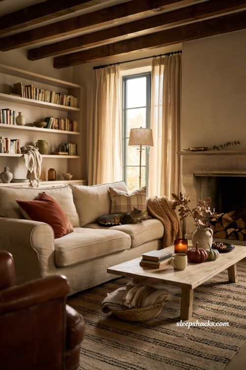 Fall living room with rust velvet and plaid pillows on a cozy neutral sofa