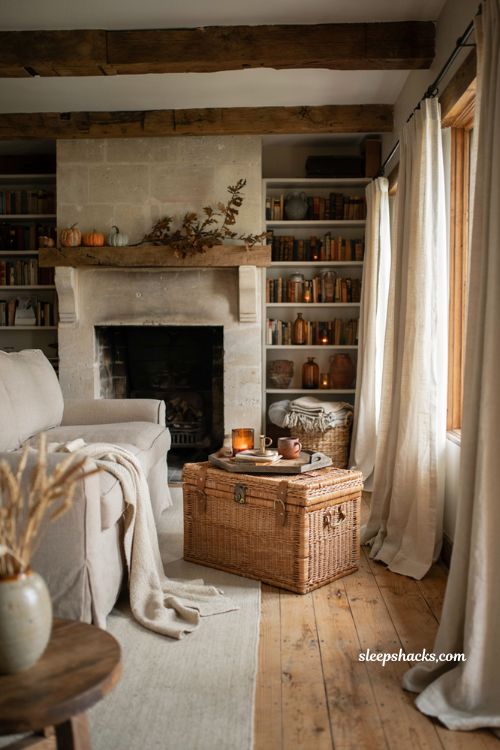 Fall living room with vintage wicker trunk side table and cozy farmhouse decor