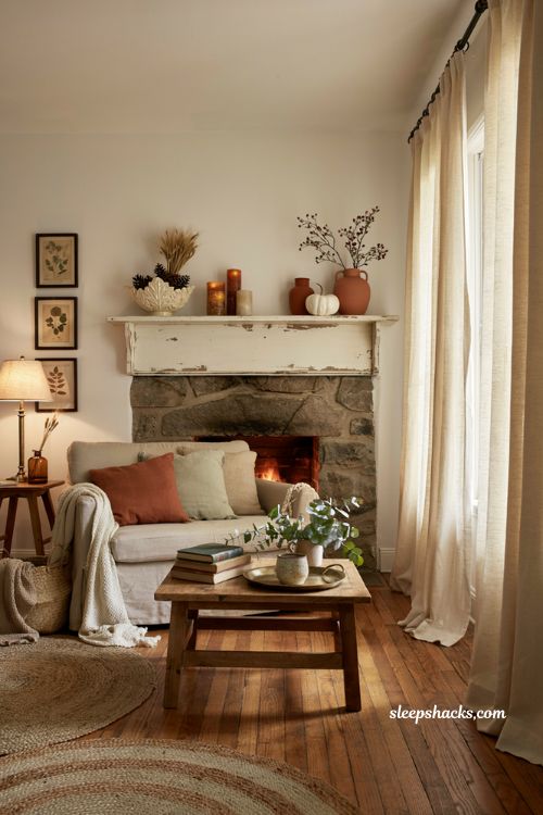 Fall mantel decor ideas with warm vases candles and farmhouse fireplace styling