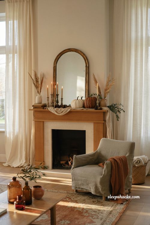 Fall mantel decorations with pumpkins dried grasses and cozy layered decor