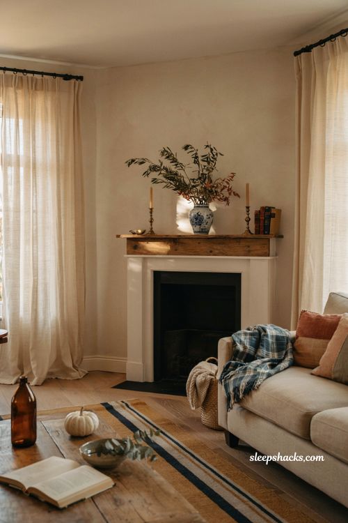 Fall mantel styled to match blue and white living room textiles