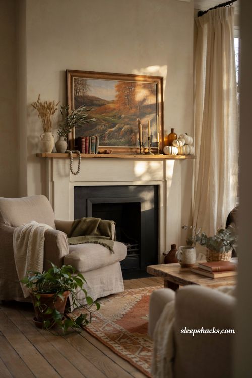 Fall mantel with autumn artwork and warm seasonal fireplace decor