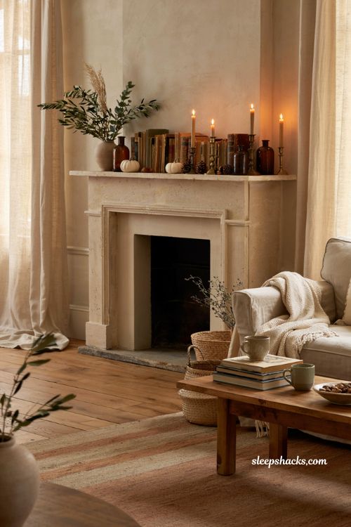 Fall mantel with stacked vintage books and amber glass bottle decor