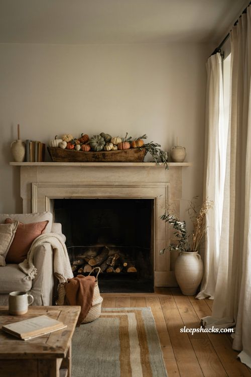 Fall mantel with wooden dough bowl and heirloom gourds