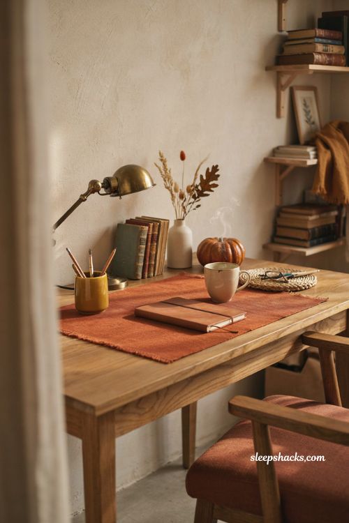 Fall office decor with burnt orange desk mat mustard accessories and cozy autumn colors