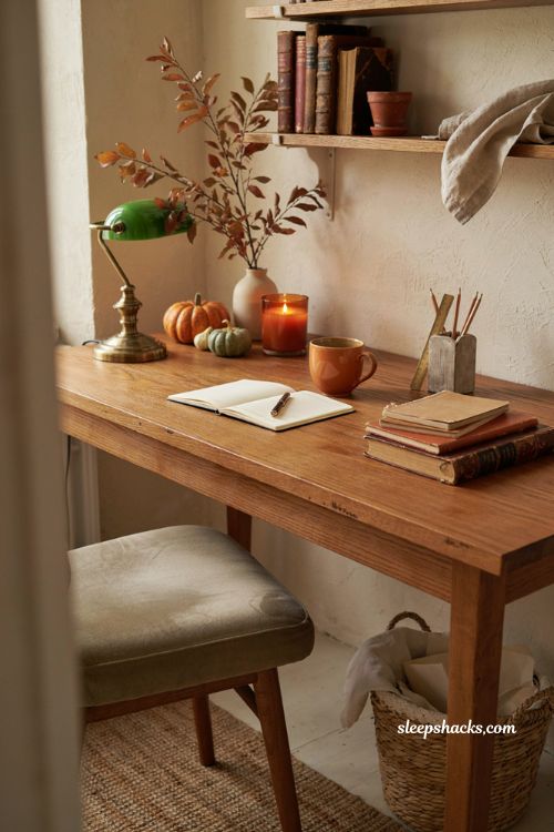 Fall office decor with cozy desk pumpkins candle autumn mug and warm wood accents 