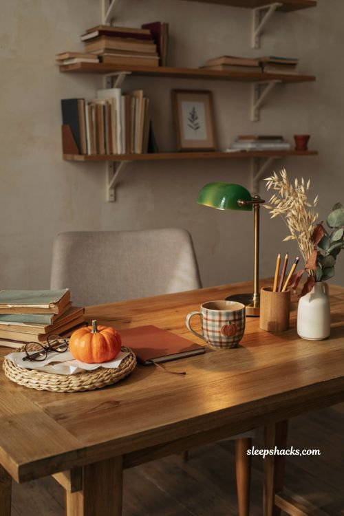 Fall office decor with cozy seasonal mug plaid pattern and autumn desk accents