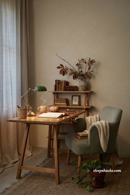 Fall office decor with cozy string lights warm desk glow pumpkins and autumn accents
