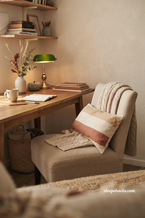 Fall office decor with cozy throw blanket and autumn pillow on desk chair 