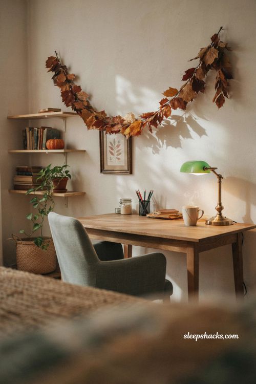 Fall office decor with leafy garland above desk pumpkins and cozy autumn accents 