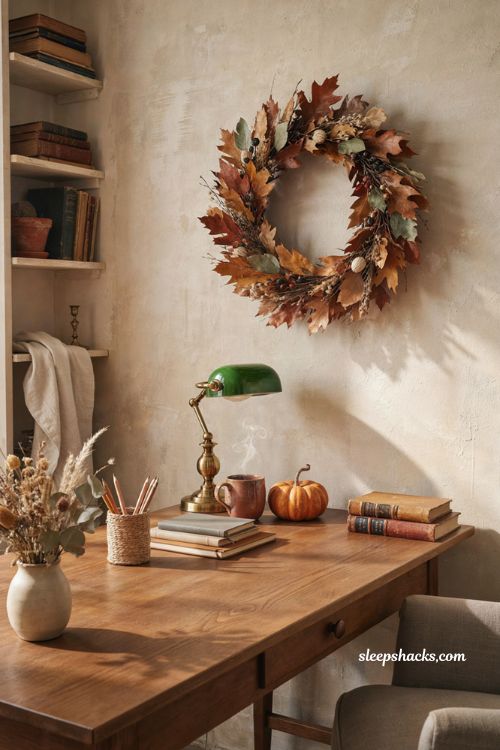 Fall office decor with leafy wreath above desk and cozy autumn workspace accents 