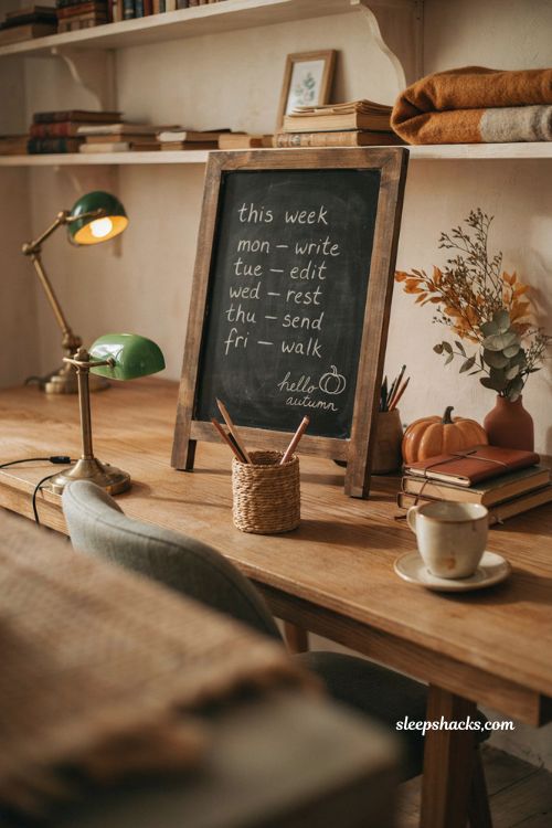 Fall office decor with mini chalkboard sign pumpkins mug and cozy autumn desk