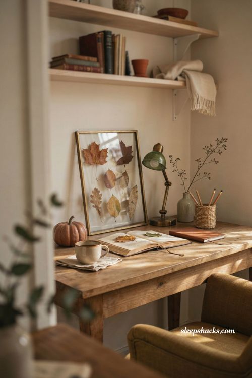 Fall office decor with pressed autumn leaves in a simple frame on a cozy desk