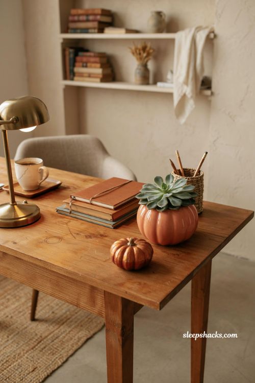 Fall office decor with pumpkin plant holder succulent and cozy autumn desk accents