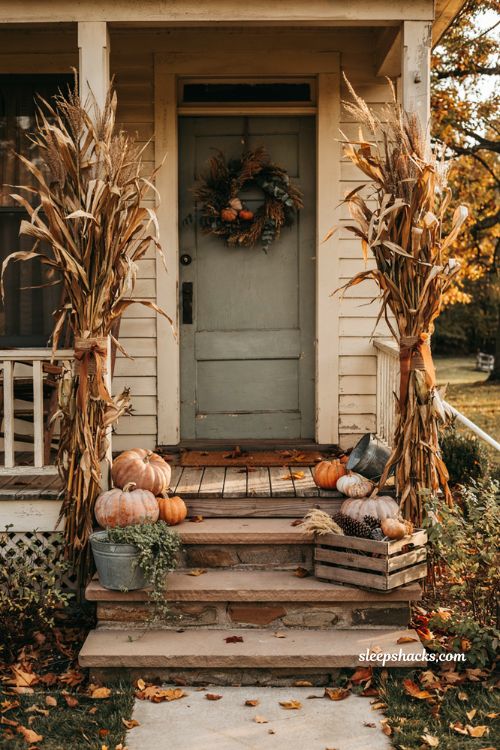 Fall porch decor with dried corn stalks pumpkins and rustic farmhouse entrance
