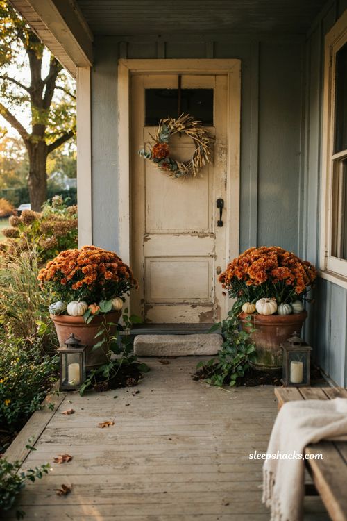 Fall porch planters with orange mums pumpkins trailing greenery and front door decor