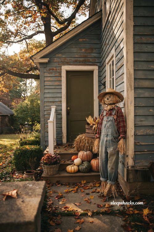 Fall porch scarecrow decor with pumpkins hay bale and rustic farmhouse accents