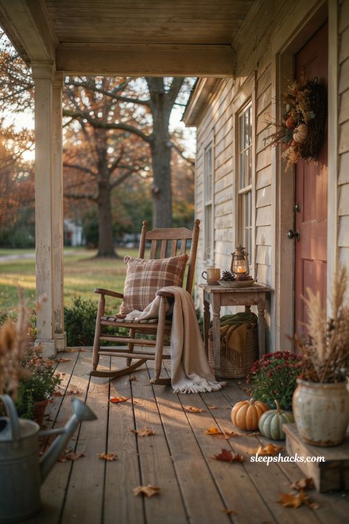 Fall porch seating ideas with rocking chair plaid pillow blanket and cozy decor