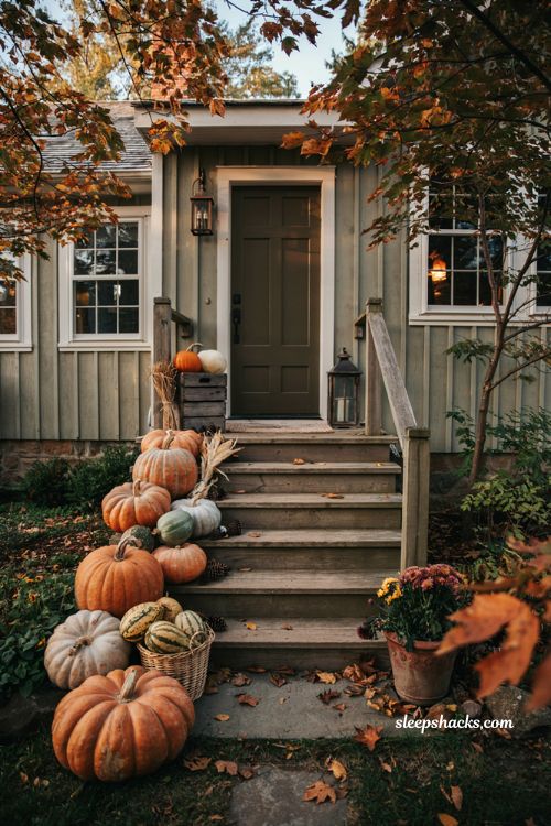 Fall porch steps with pumpkins in orange white and green for autumn exterior decor