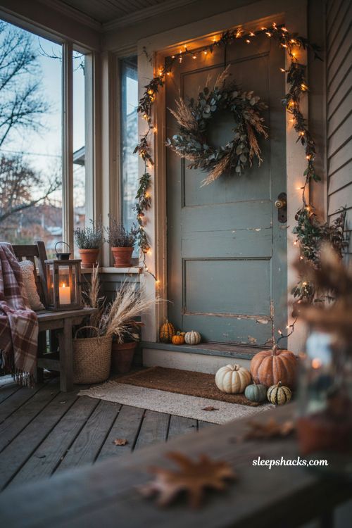 Fall porch string lights with warm amber glow pumpkins wreath dried greenery and cozy entryway decor