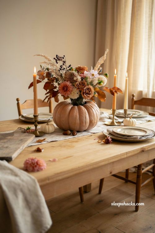 Fall pumpkin floral vase centerpiece with fresh seasonal flowers and blush heirloom pumpkin