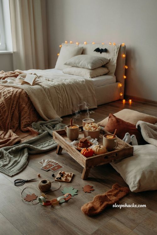 Fall sleepover ideas with cozy blankets warm drinks and spooky decor 