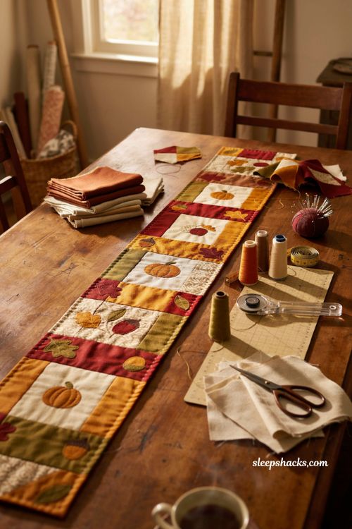 Fall table runner patterns free with cozy quilted fabric blocks farmhouse dining table and sewing supplies
