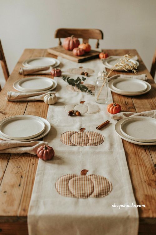 Fall table runner patterns with gingham pumpkin applique 