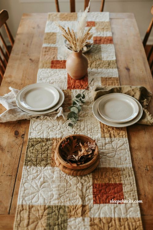 Fall table runner patterns with hand quilted texture and stitching 