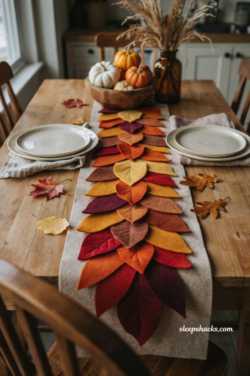 Fall table runner patterns with overlapping felt leaves in autumn colors 