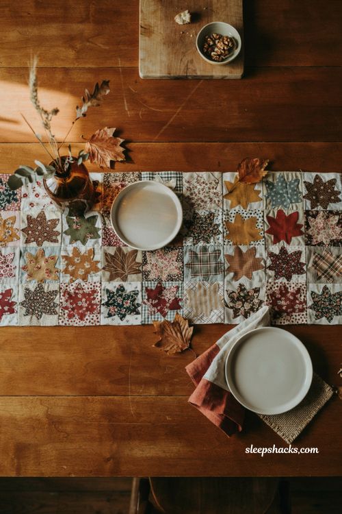 Fall table runner patterns with scrappy maple leaf quilt blocks 